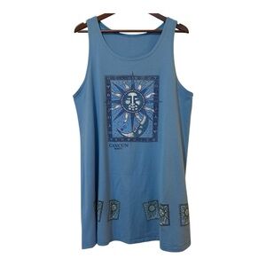 Vintage Beach Cover Up Dress 90’s Celestial Sun Moon Stars Graphic Light Blue